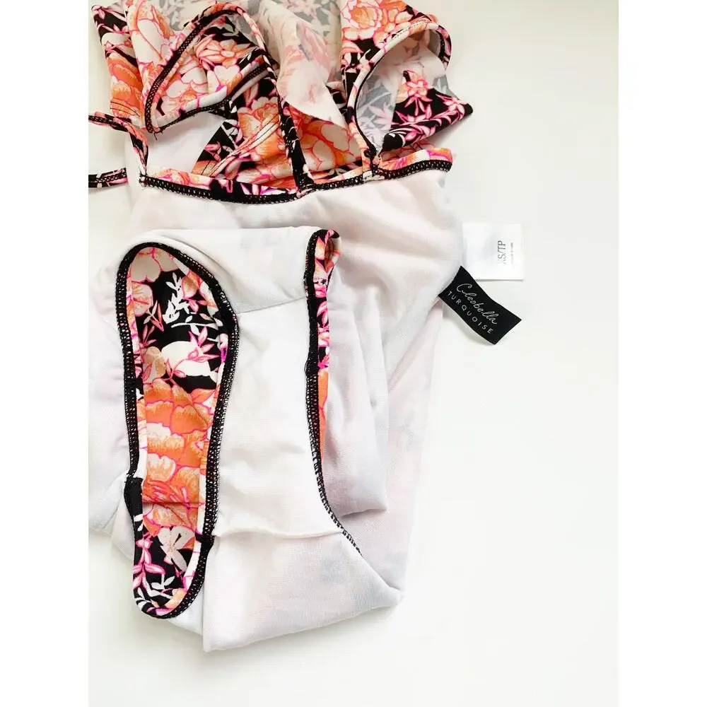 Cleobella off the shoulder girl's swimsuit black white pink orange XS